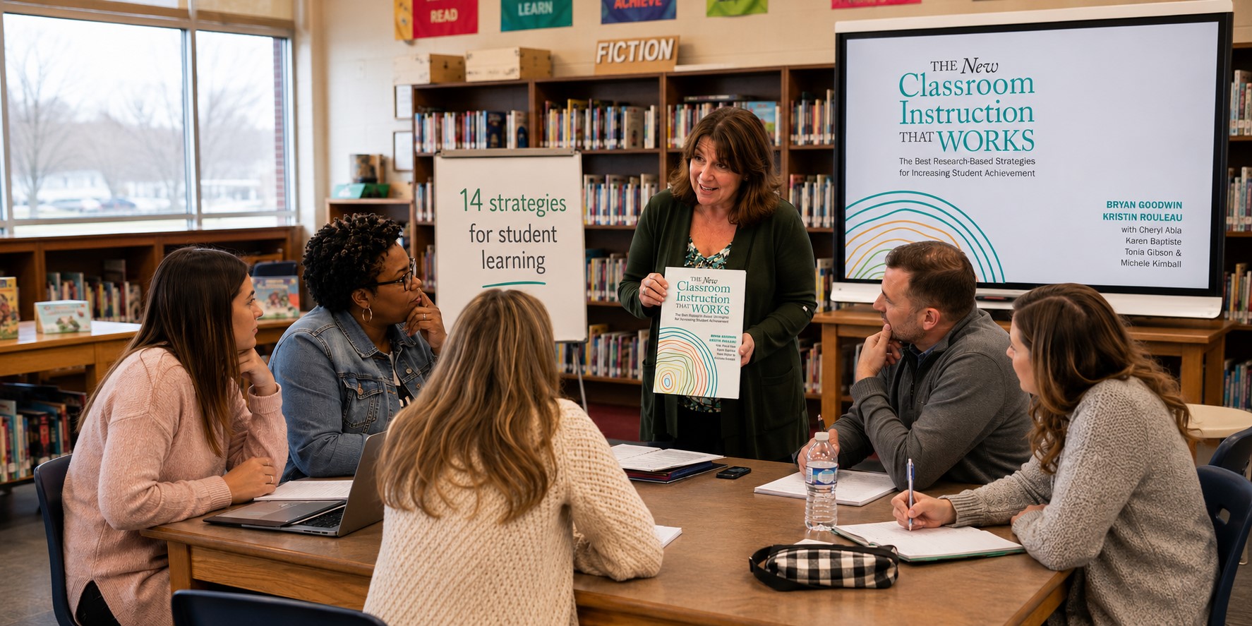 A group of 6 teachers sitting at a table looking at a copy of "Classroom Instruction That Works."